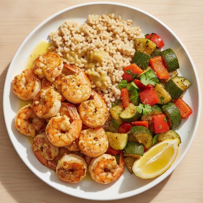 Garlic Shrimp with Herb-Roasted Vegetables and Brown Rice