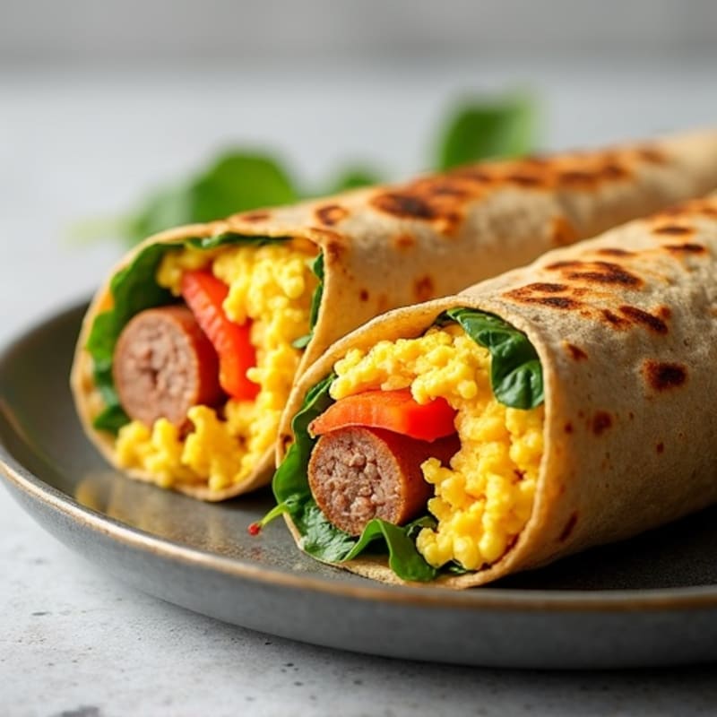 High-Protein Fluffy Scrambled Egg and Crispy Turkey Sausage Breakfast Burrito