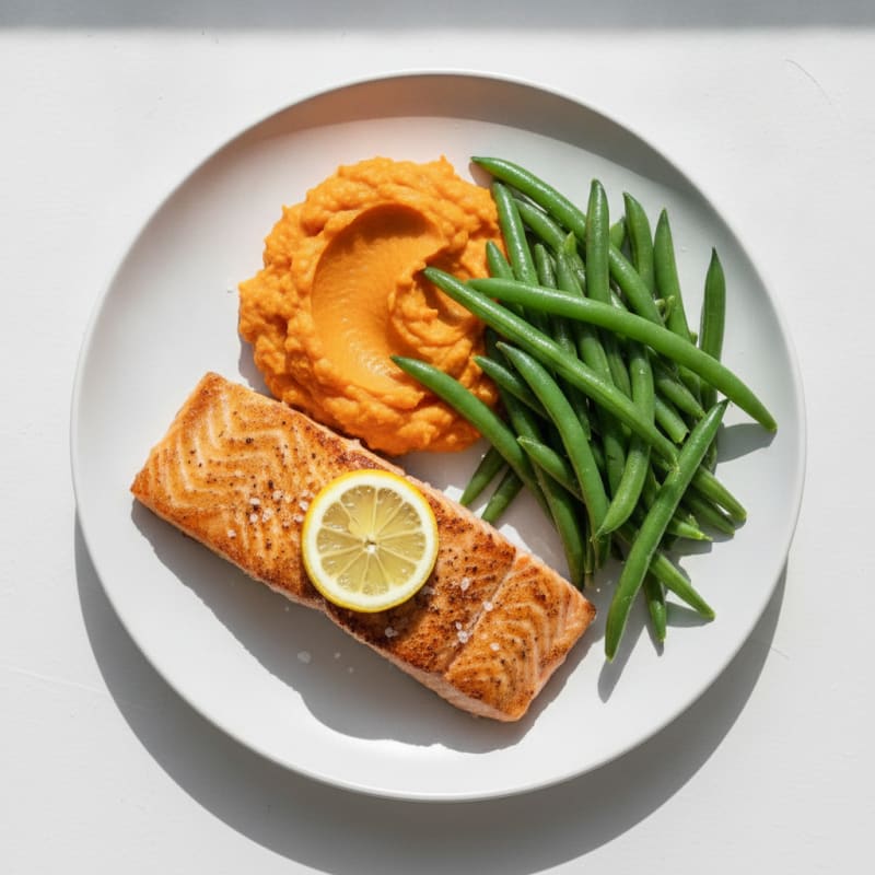 Seared Salmon with Steamed Green Beans and Sweet Potato Mash