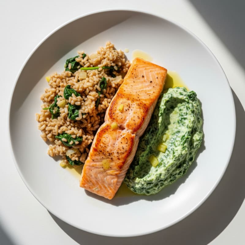 Seared Salmon with Creamy Spinach and Brown Rice Pilaf