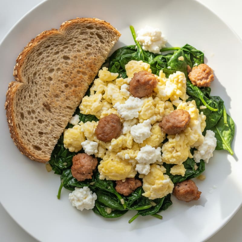 Cottage Cheese Scramble with Turkey Sausage and Sautéed Spinach
