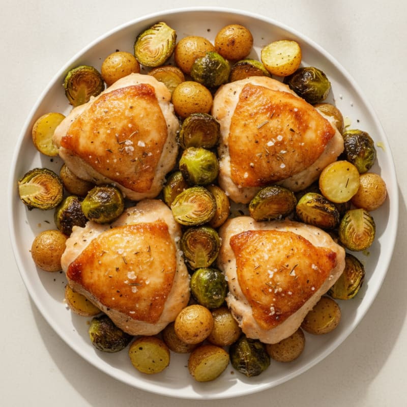 Roasted Chicken Thighs with Baby Potatoes and Brussels Sprouts