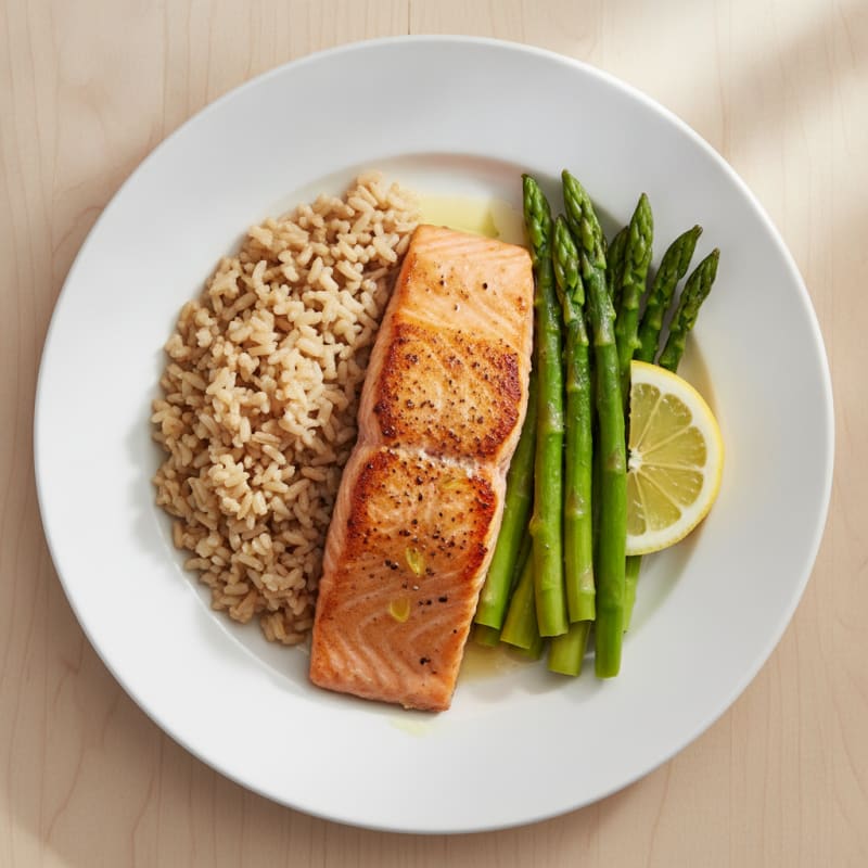 Seared Salmon Fillet with Steamed Asparagus and Brown Rice