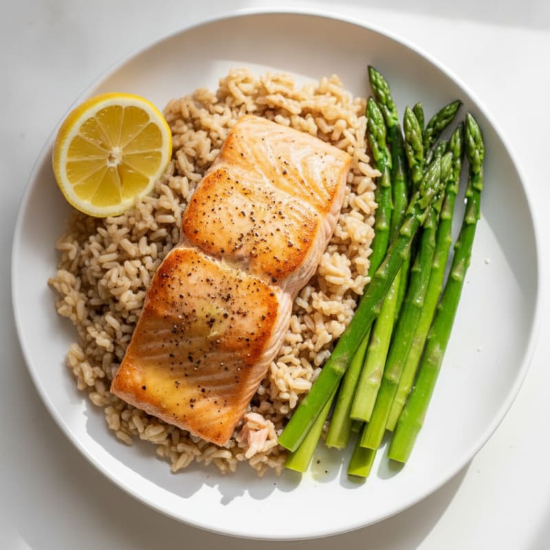 Seared Salmon with Steamed Asparagus and Brown Rice