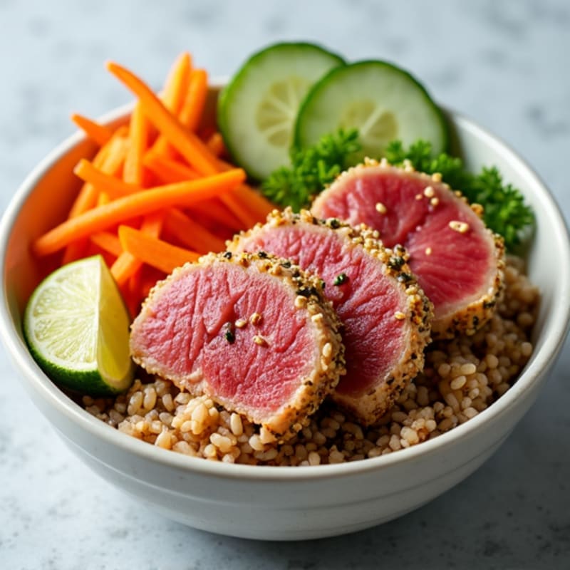 Sesame-Crusted Tuna Rice Bowl with Fresh Vegetables