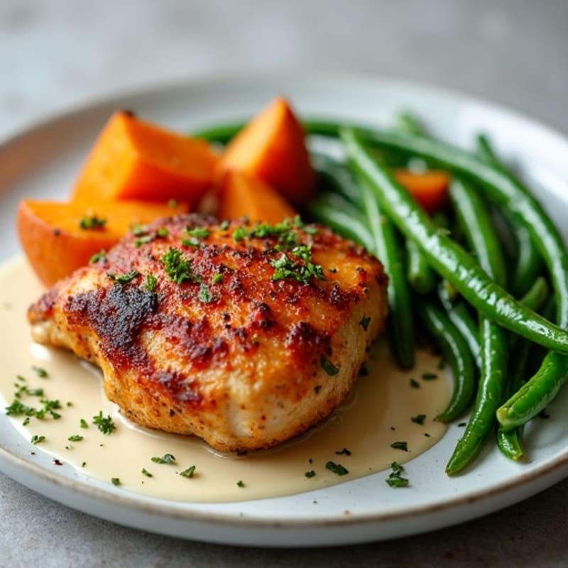 Crispy Roasted Chicken Thighs with Sweet Potatoes and Green Beans