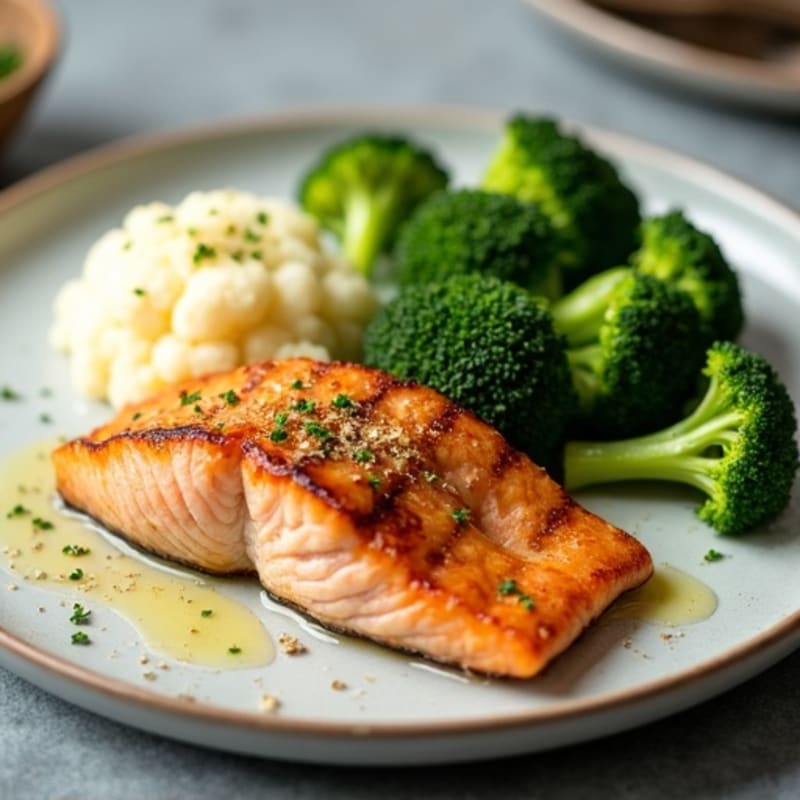 Seared Salmon with Steamed Broccoli and Garlic Mashed Cauliflower