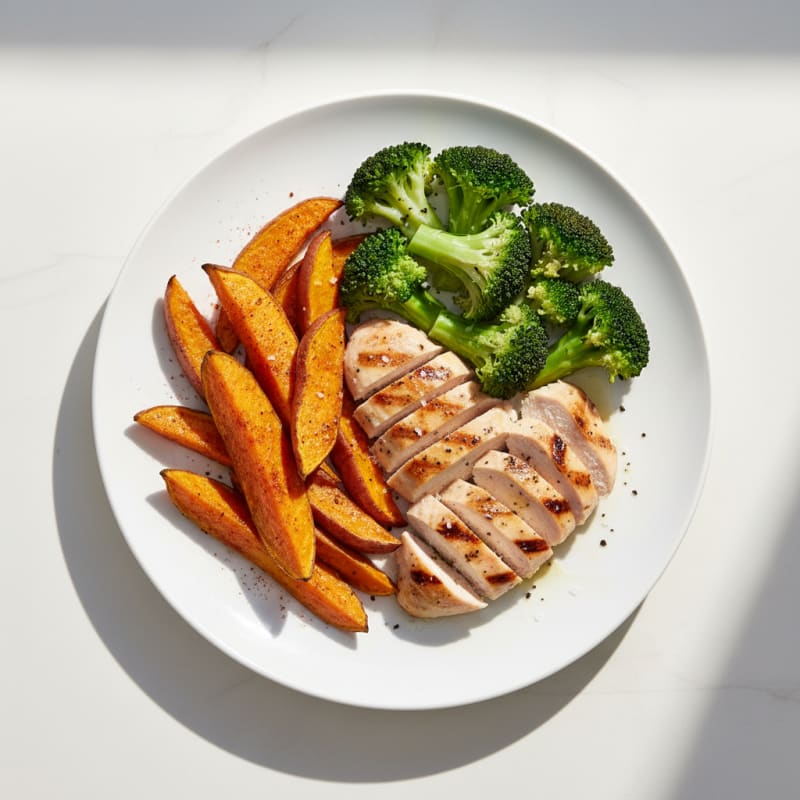 Crispy Roasted Sweet Potato Wedges with Grilled Chicken