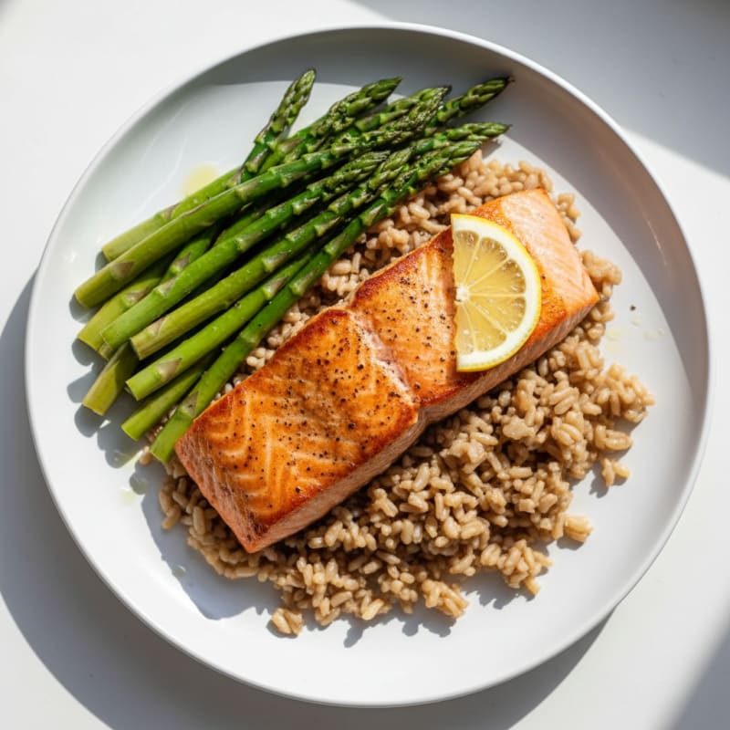 Seared Salmon with Steamed Asparagus and Brown Rice