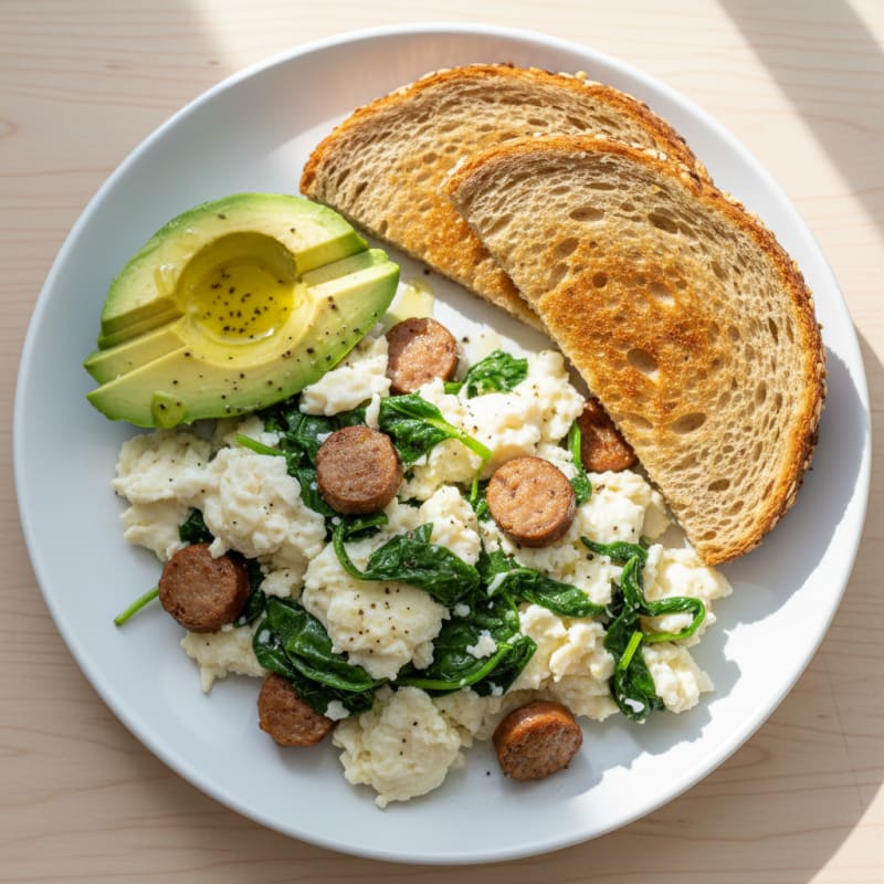Egg White and Spinach Scramble with Turkey Sausage
