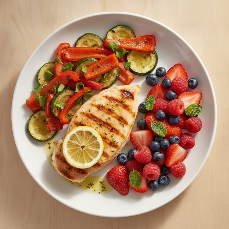 Grilled Chicken Breast with Roasted Veggies and Fresh Fruit Salad