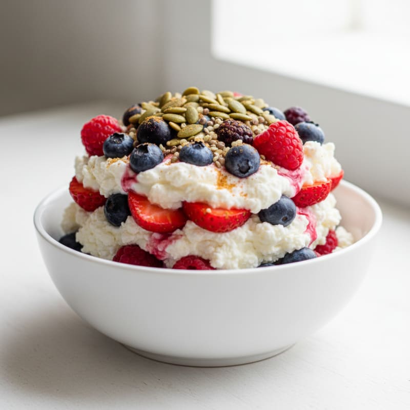 Greek Yogurt and Cottage Cheese Parfait with Mixed Berries and Pumpkin Seeds