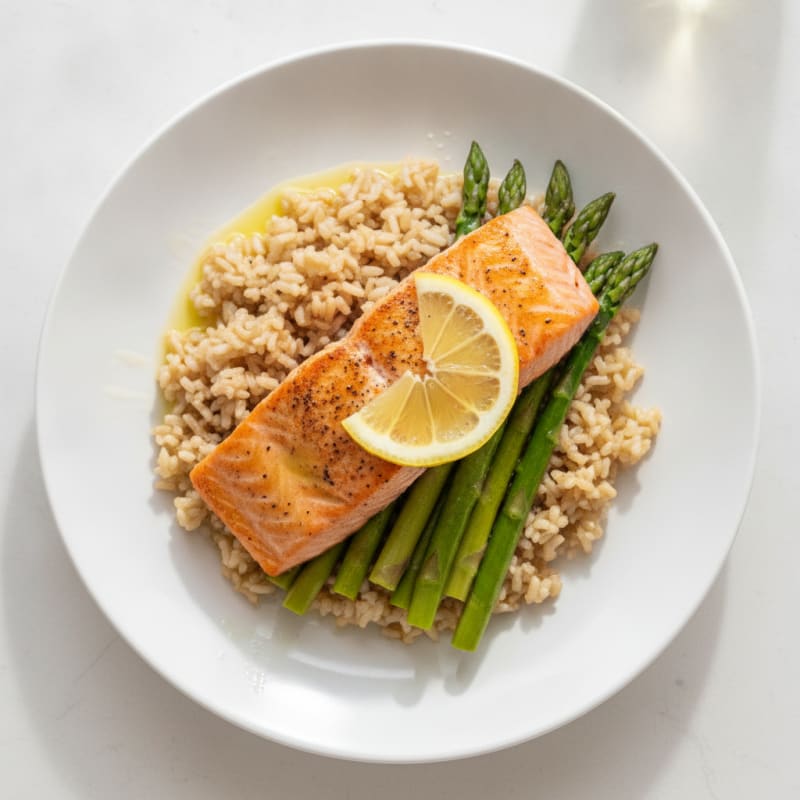 Seared Salmon Fillet with Steamed Asparagus and Brown Rice
