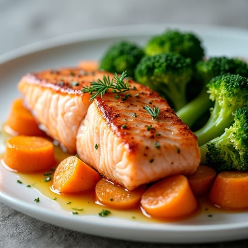Seared Salmon with Roasted Sweet Potato and Steamed Broccoli