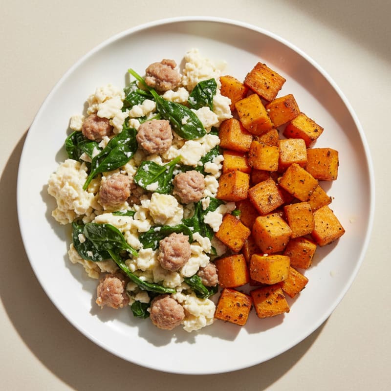 Egg White and Turkey Sausage Scramble with Spinach and Roasted Sweet Potatoes