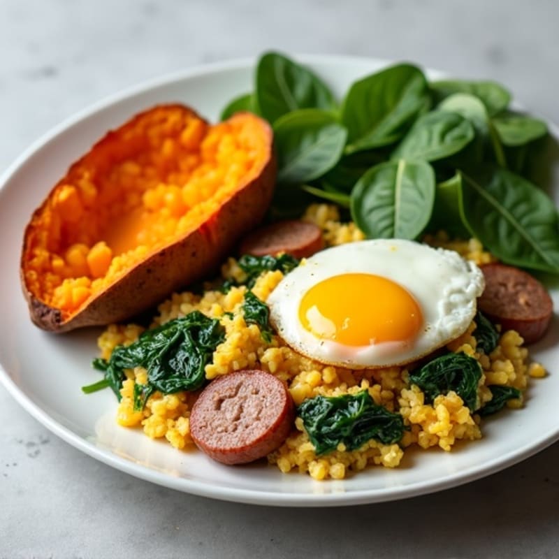 Egg White and Turkey Sausage Scramble with Sautéed Spinach and Sweet Potato