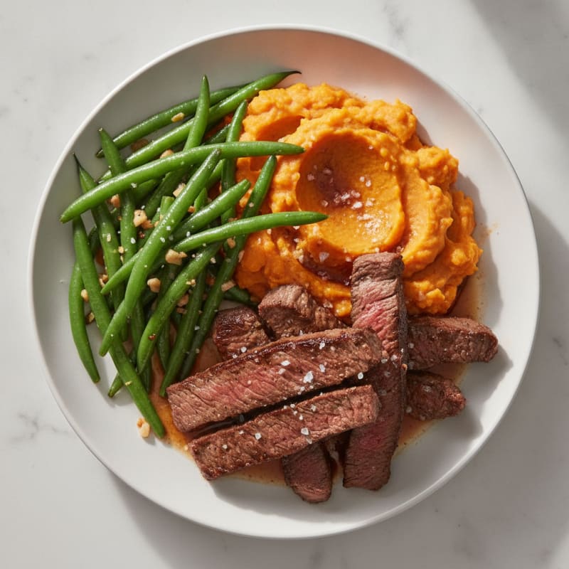 Seared Lean Beef Strips with Garlic Green Beans and Sweet Potato Mash