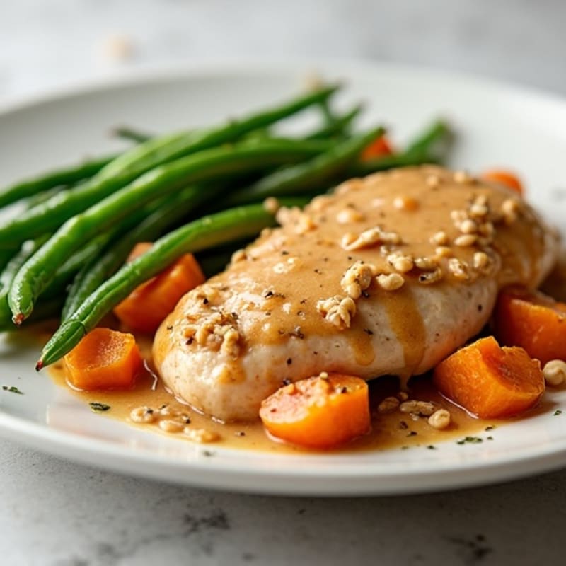 Creamy Peanut Chicken with Roasted Sweet Potato and Crispy Green Beans