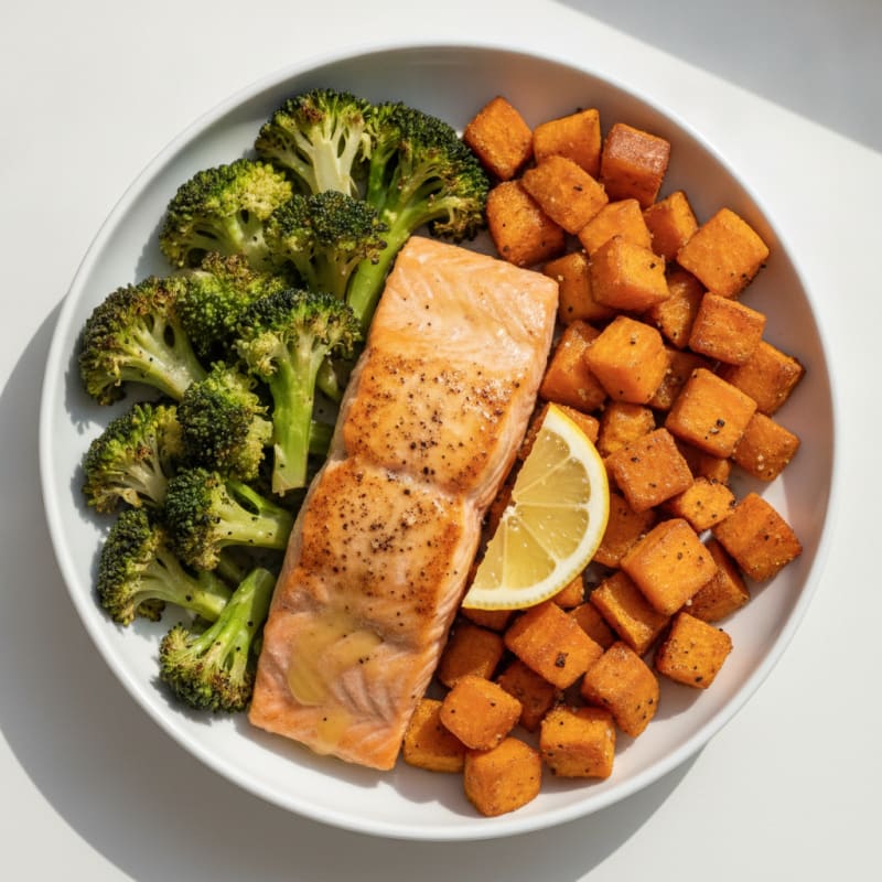 Pan-Seared Salmon with Roasted Broccoli and Sweet Potato
