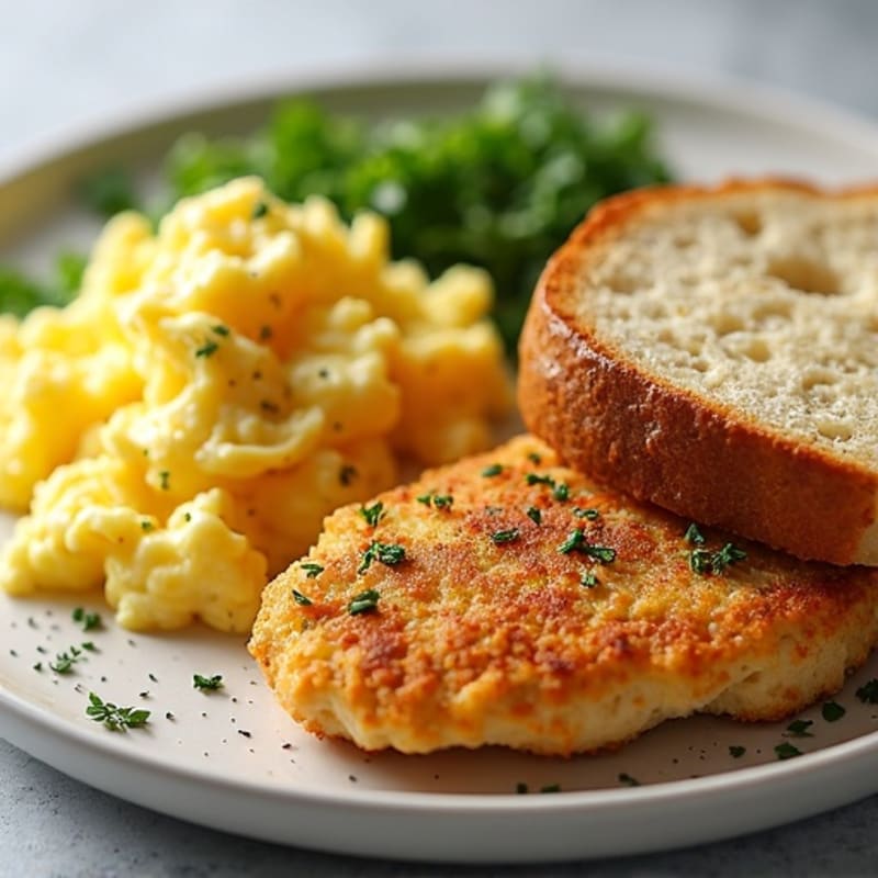 Herb-Crusted Chicken Cutlet with Soft Scrambled Eggs and Sourdough