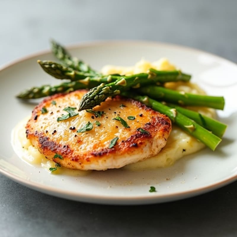 Pan-Seared Chicken with Creamy Garlic Mashed Potatoes and Crispy Roasted Asparagus