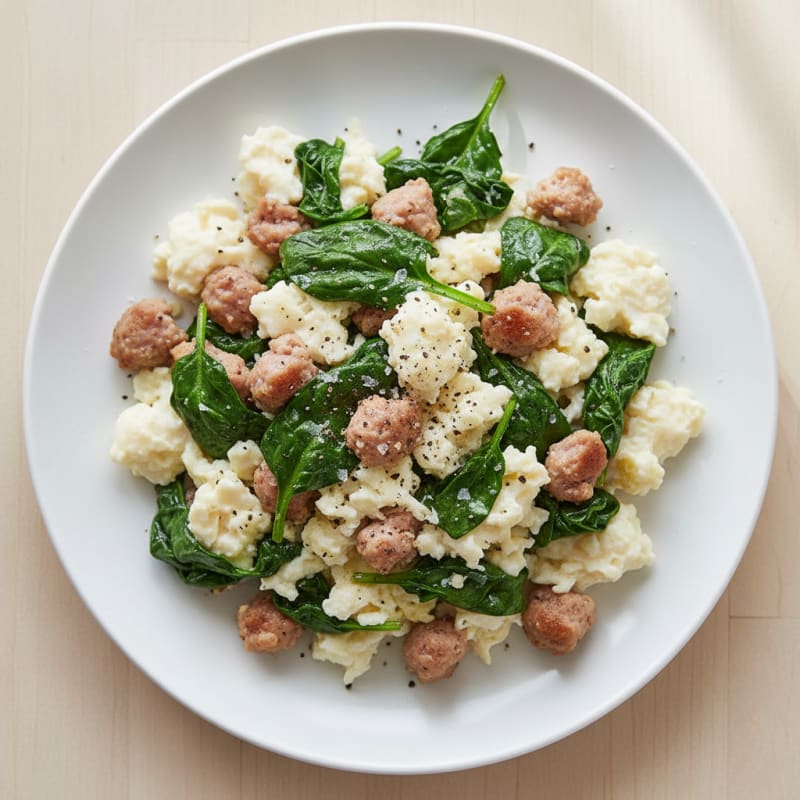 Egg White and Turkey Sausage Scramble with Sautéed Spinach