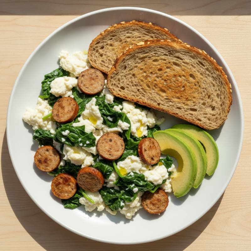 Egg White and Chicken Sausage Scramble with Spinach