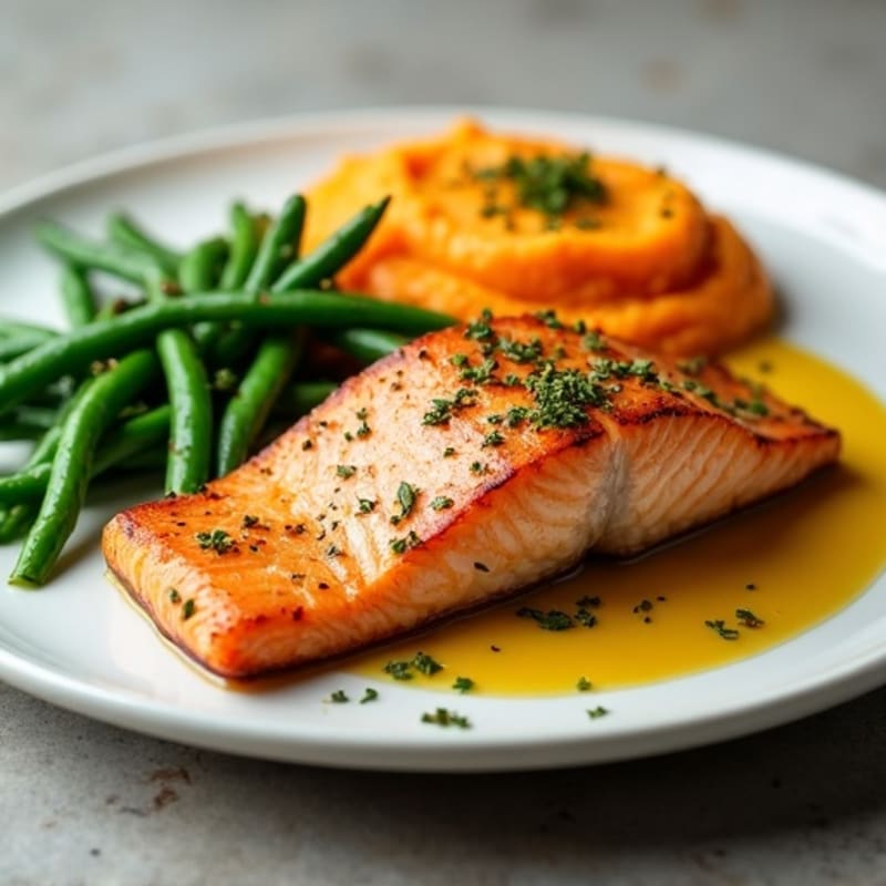 Seared Salmon with Garlic Green Beans and Sweet Potato Mash