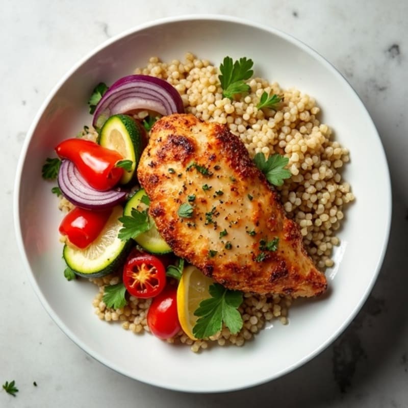 Crispy Lemon-Herb Chicken Bowl with Roasted Vegetables and Quinoa