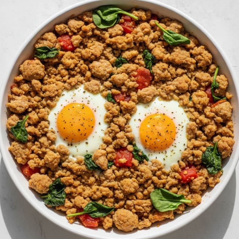 Baked Eggs with Savory Sausage Crumble