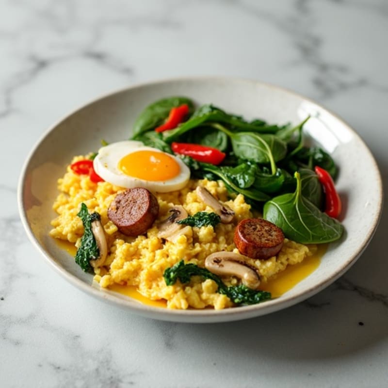 Egg White Scramble with Turkey Sausage and Sautéed Spinach