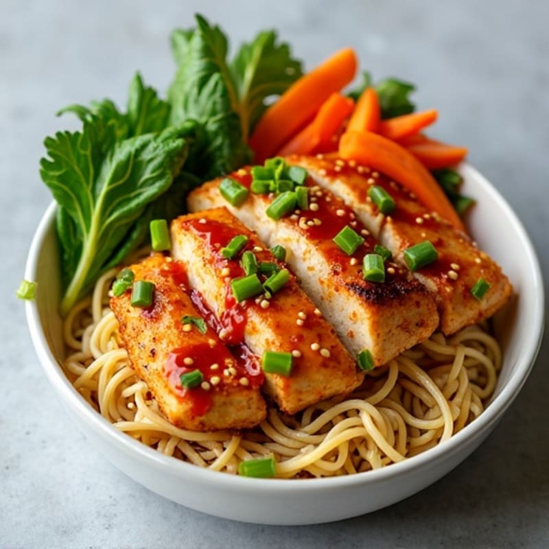 Spicy Peanut Chicken with Edamame Noodles and Crunchy Greens