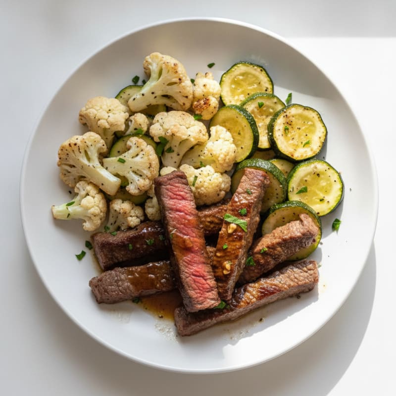 Seared Lean Beef Strips with Roasted Cauliflower and Zucchini