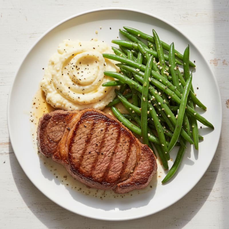 Seared Sirloin Steak with Garlic Green Beans and Mashed Cauliflower