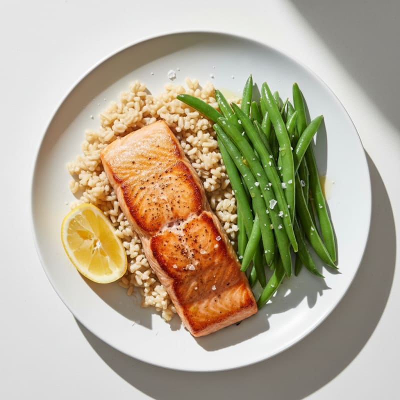 Seared Salmon Fillet with Steamed Green Beans and Brown Rice
