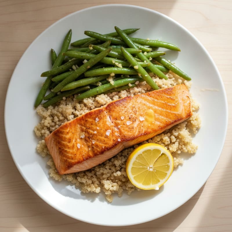 Seared Salmon Fillet with Garlic Green Beans and Quinoa