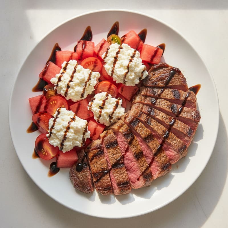 Grilled Ribeye with Cottage Cheese and Watermelon Salad