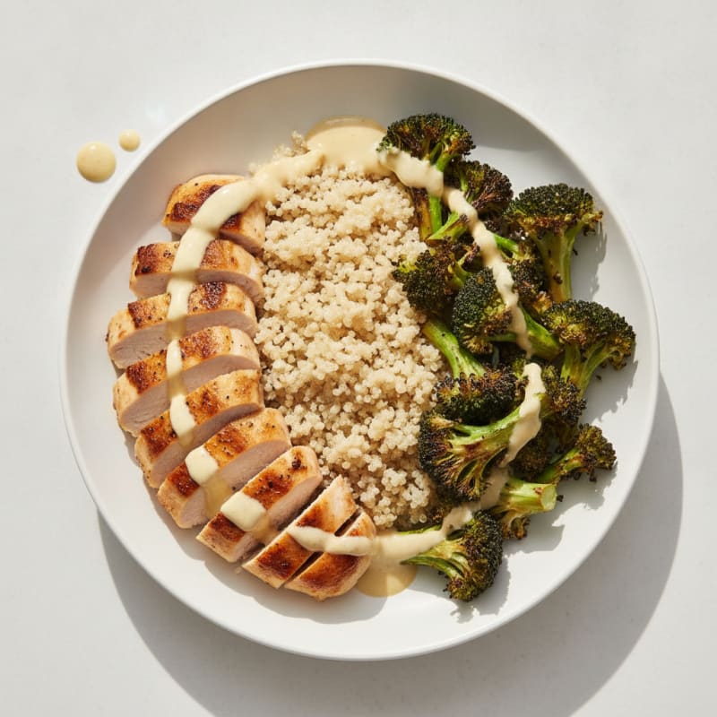 Grilled Chicken and Quinoa Bowl with Roasted Broccoli and Lemon Tahini Drizzle
