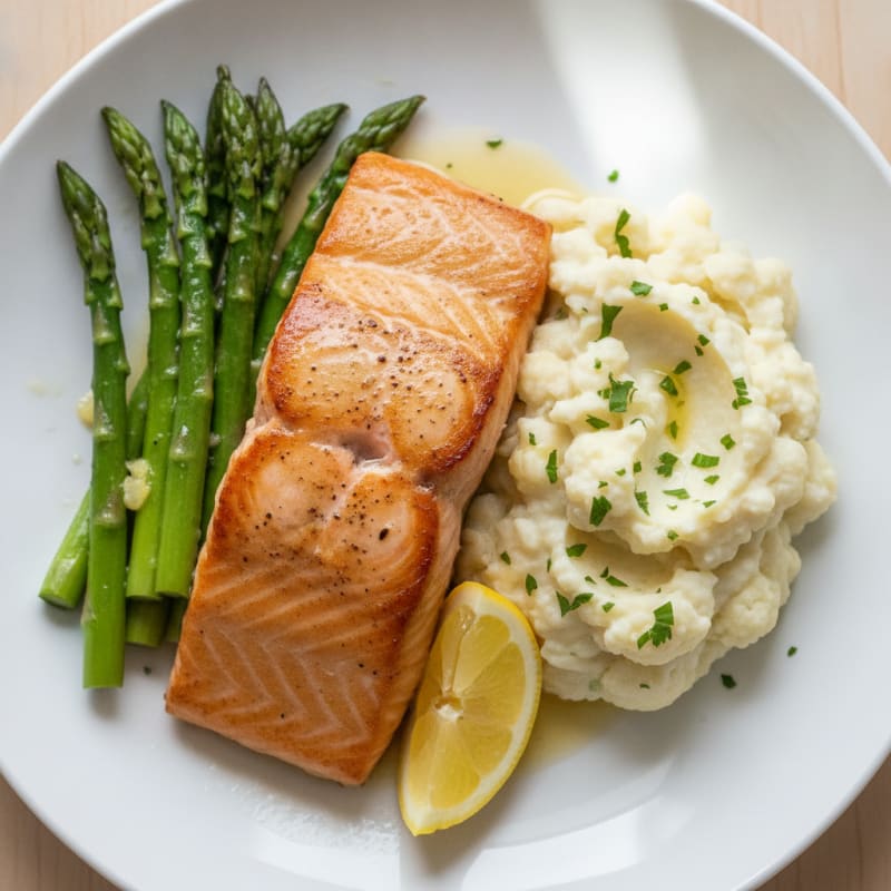 Seared Salmon with Steamed Asparagus and Garlic Mashed Cauliflower