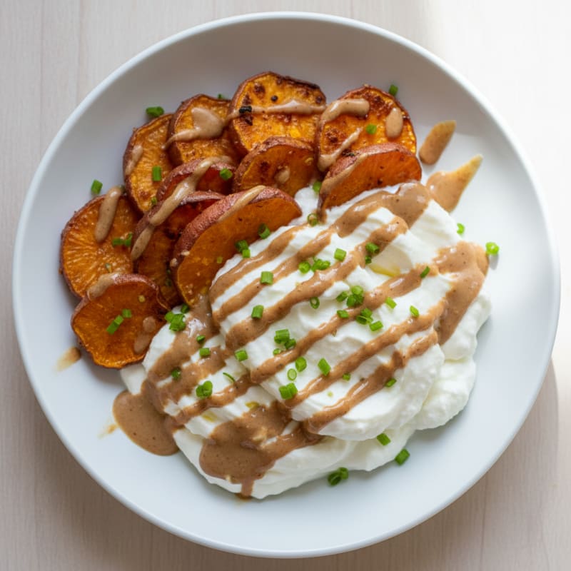 Creamy Protein Yogurt Bowl with Sliced Sweet Potato and Nut Butter Drizzle