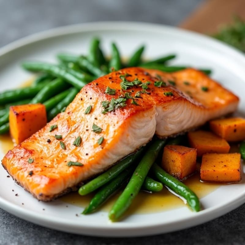 Seared Salmon with Garlic Green Beans and Roasted Sweet Potato