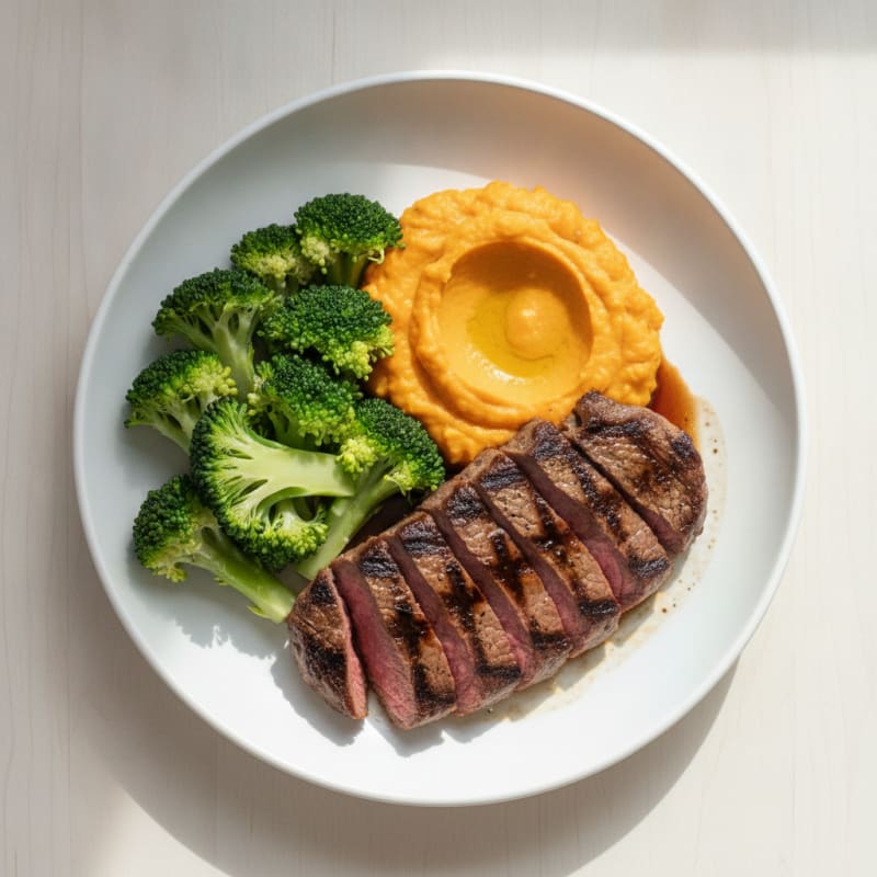 Grilled Beef Steak with Steamed Broccoli and Sweet Potato Mash