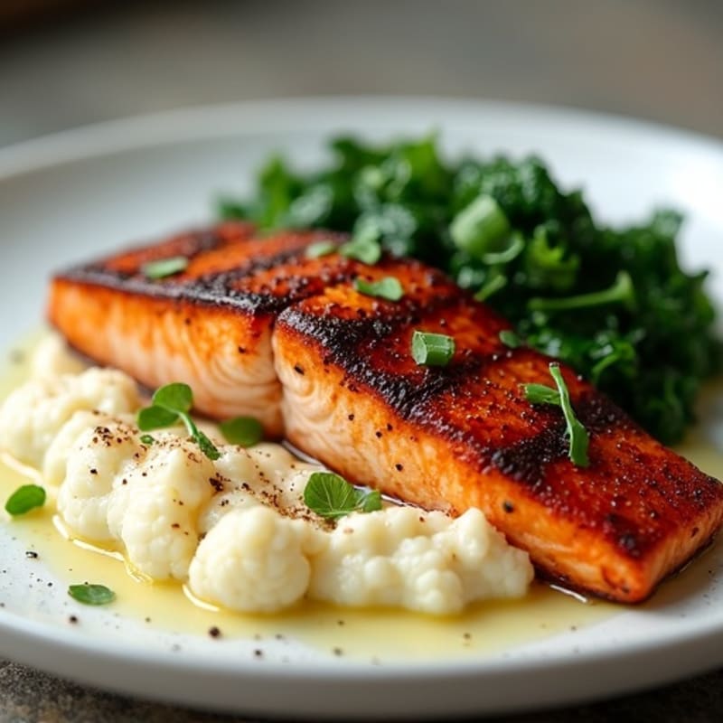 Blackened Salmon with Creamy Cauliflower Mash and Garlic Sautéed Greens