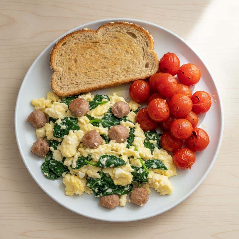 Egg White Spinach Scramble with Turkey Sausage