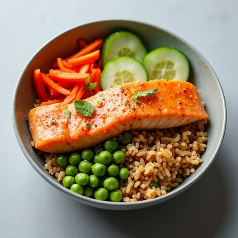 Sesame Ginger Salmon and Fresh Vegetable Rice Bowl
