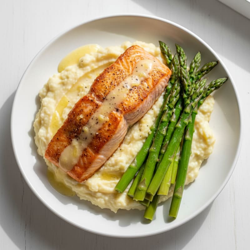 Seared Salmon Fillet with Steamed Asparagus and Cauliflower Mash