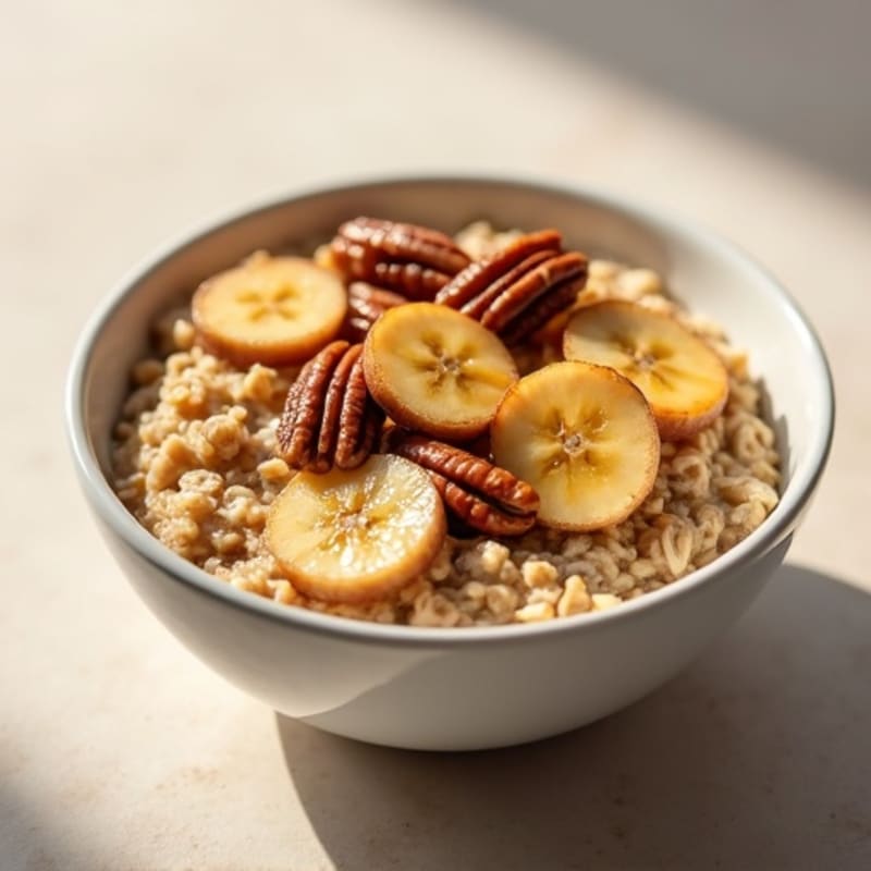 Caramelized Banana Protein Oatmeal Bowl with Toasted Pecans
