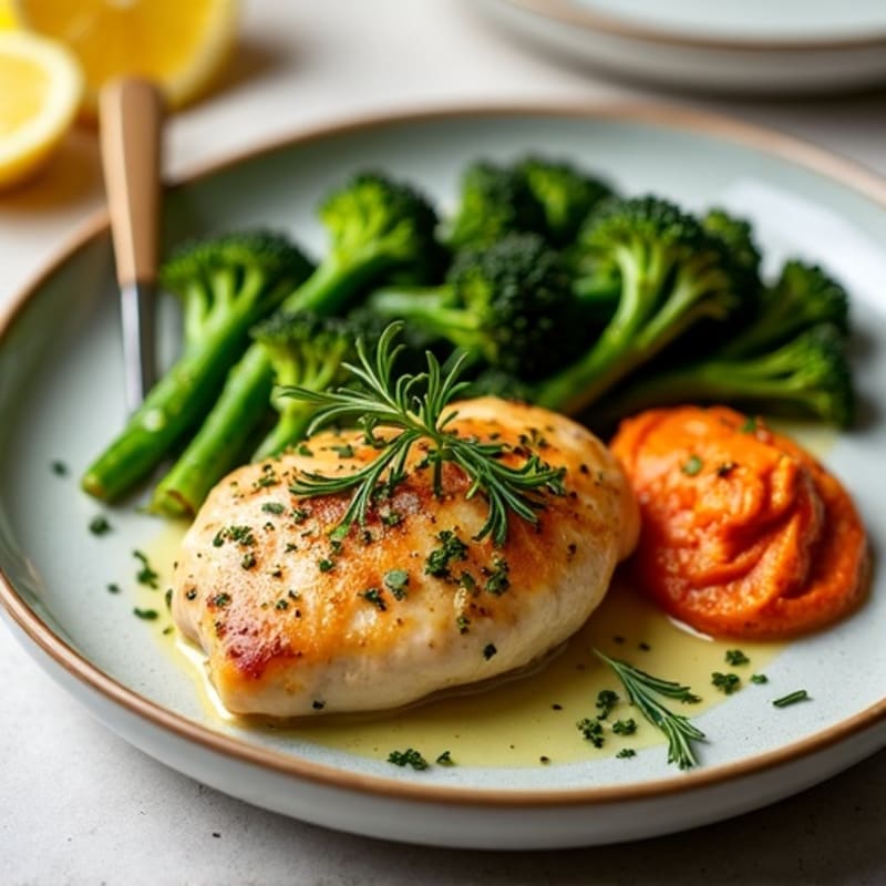 Sheet Pan Lemon Herb Chicken with Roasted Broccolini and Creamy Roasted Red Pepper Hummus
