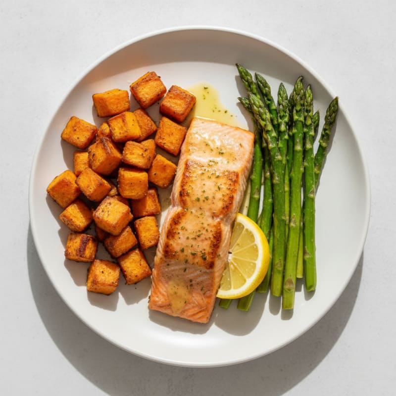 Seared Salmon Fillet with Roasted Sweet Potato and Asparagus