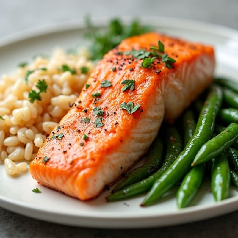 Seared Salmon with Garlic Green Beans and Brown Rice